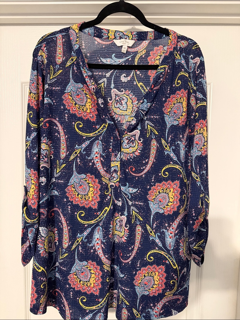 Coral Bay Navy Paisley V-Neck Blouse with Coral, Yellow & Light Blue Accents